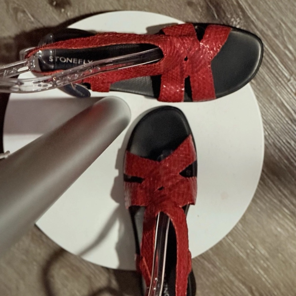 STONEFLY Scarlet Red Leather Snakeskin Strappy Wedge Sandals NWT Size 40 - Picture 5 of 10